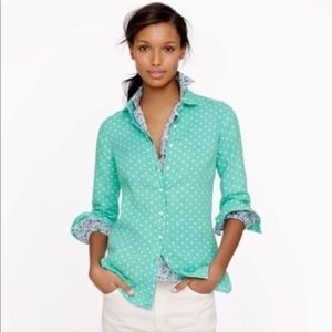 J Crew Mint Green White Polka Dots Linen Button Down